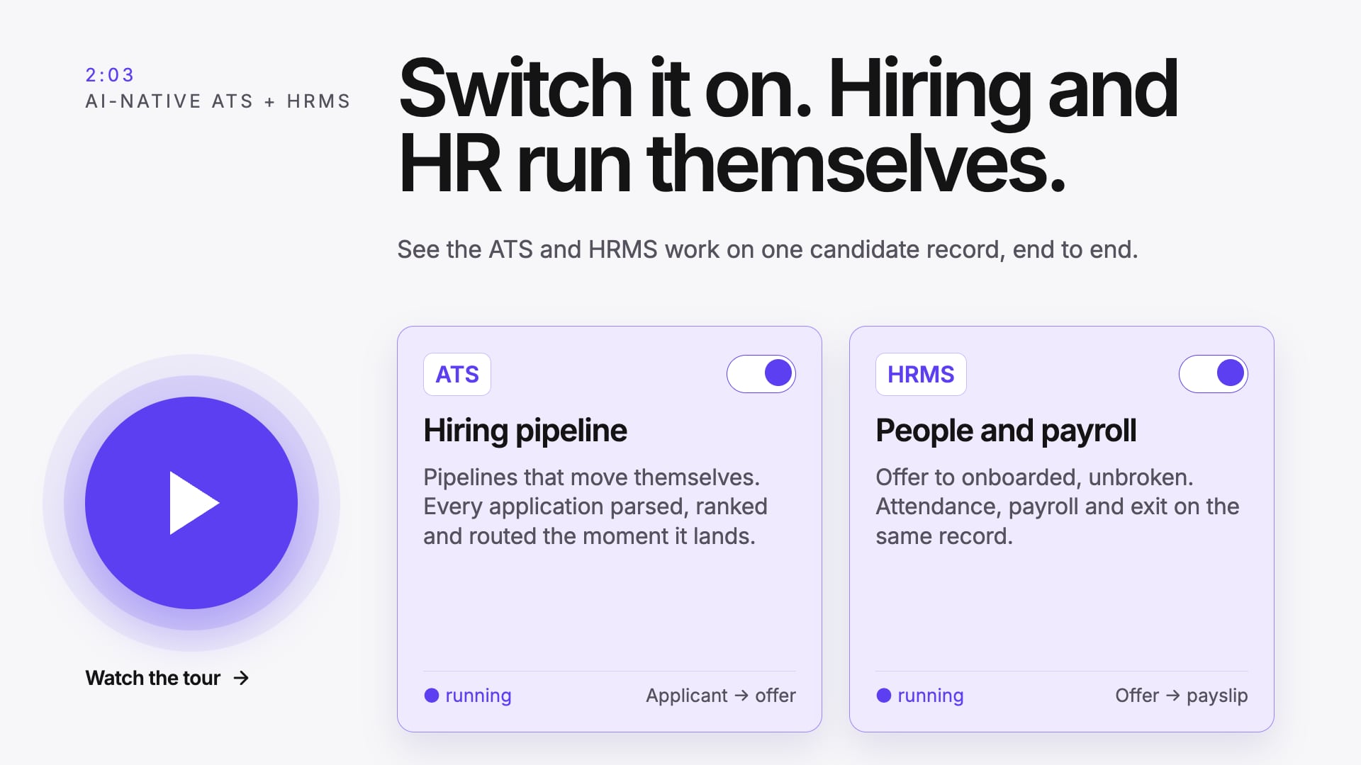 Switch on the Pitch N Hire ATS and HRMS — the hiring pipeline and people-and-payroll modules both running on one candidate record, from applicant to payslip
